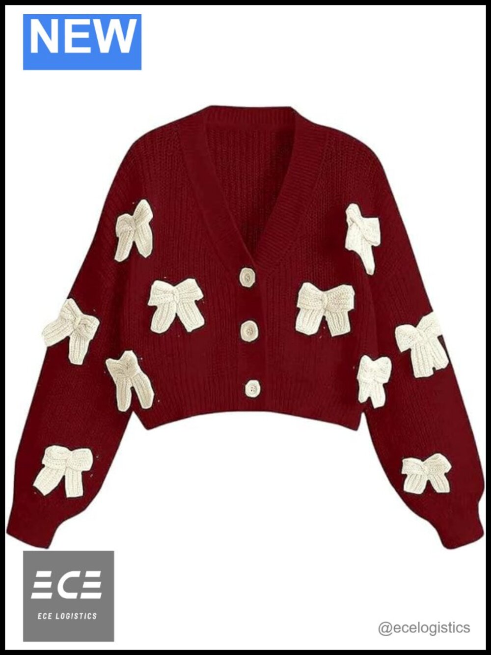 Chunky Knit Cropped Cardigan Sweater Bow Button Down V Neck Long Sleeve